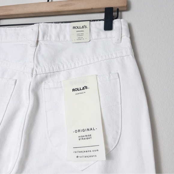 NWT Rollas Original High Rise Straight Jean 28 Layla White Distressed Knee Rip - Picture 11 of 12